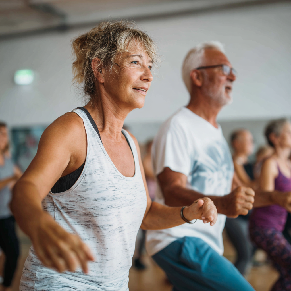 Active middle-aged and senior adults participating in group fitness session