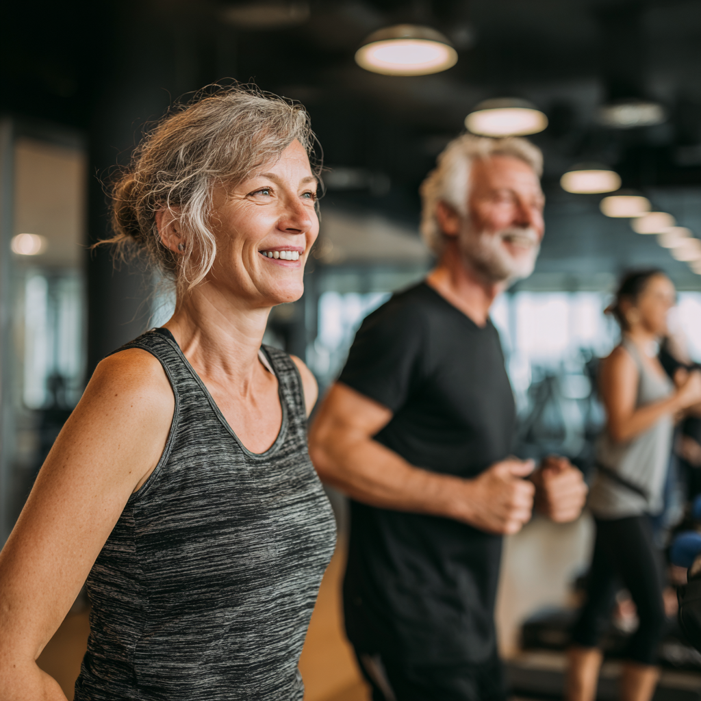 Middle-aged adults enjoying fitness activities together in modern wellness environment